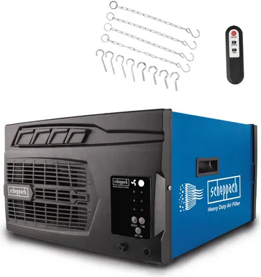A Scheppach heavy-duty air filter unit with accessories and a remote control, presented on a white background.