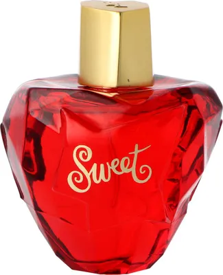 A red heart-shaped perfume bottle with a gold cap and the word "Sweet" written on it in gold.