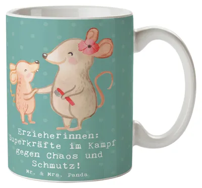 Produktbild von Mr. & Mrs. Panda Tasse Superheldin Erzieherin - Meeresbrise - Geschenk, Berufspassion, Anerkennung Erzieherinnen, Fantasie, Beruf, Trinkbecher, Kaffeetasse, Kita, haferl