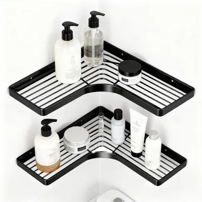 Image de Omgoods - Étagère de salle de bain en acier inoxydable, fixée sans perçage, lot de 2