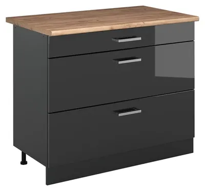 Produktbild von Küchenunterschrank Vicco R-Line Anthrazit Hochglanz/Anthrazit 100 cm Arbeitsplatte Goldkraft Eiche, Model 71545