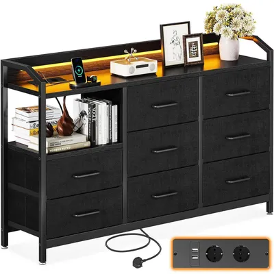 Image de Commode avec 8 tiroirs en tissu, éclairage LED, 2 prises USB et 2 prises secteur, dimensions 110x30x88 cm, couleur noire