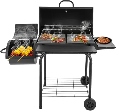 Image de Barbecue au charbon de bois - Fumoir vertical - Avec couvercle et thermomètre - Grill pour barbecue, idéal pour l'extérieur et le jardin - Noir