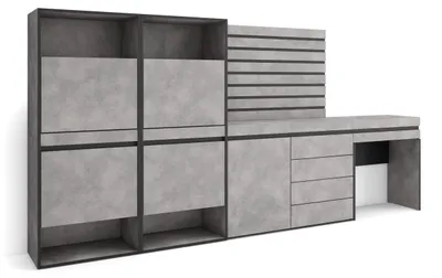 Schoenenkast 297x145x35 cm, Zement/Schwarz, 2 Klappen, 2 offene Fächer