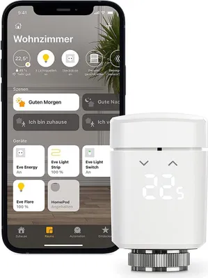 Produktbild von Eve Thermo – smartes Heizkörperthermostat, Germany, Heizkosten sparen, Heizungssteuerung (App/Zeitpläne/Anwesenheit), einfach zu installieren, Stiftung Warentest , Thread