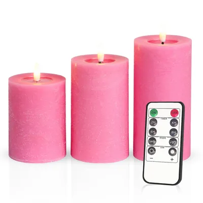 Produktbild von Meisterhome® 3er-Set Flammenlose LED Kerzen Rustik mit Timer Rosa Stumpenkerze Fernbedienung Batteriebetrieben Warmweiß echten Wachs Dekoration