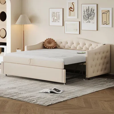 Zdjęcie produktu dla Łóżko tapicerowane Merax rozkładane 90x200cm wykonane z lnu, rozkładana sofa z przyciskiem i złączem USB do ładowania, łóżko dziecięce z metalową ramą, beżowe