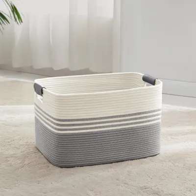 Produktbild von Wäschekorb Geflochten 45L Baumwollseil mit Lederhenkeln Weiß/Grau 45x35x27 cm