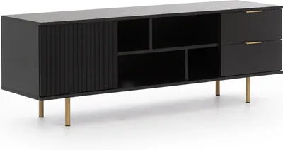 Produktbild von Moderner RTV Schrank Nubia 150cm TV Schrank mit zwei Schubladen TV-Lowboard Metallbeine Glamour-Stil (Schwarz + goldene Beine)