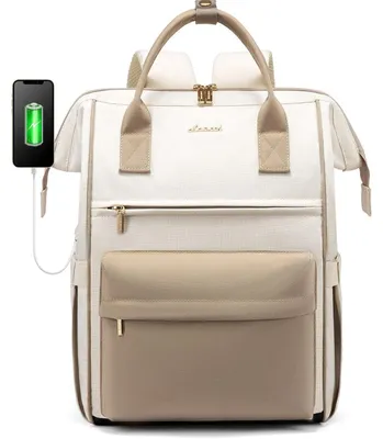 Productafbeelding van Damesrugzak, 17,3 inch laptopvak, werktas, reistas, groot, waterdicht, beige, 28 liter
