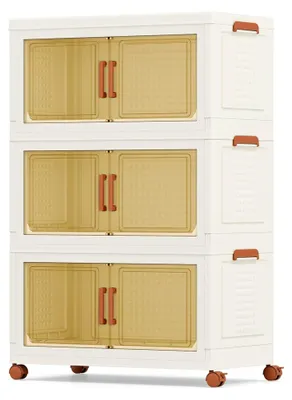Produktbild von Stapelbare Aufbewahrungsbox mit Deckel und Rollen, Kunststoffschrank mit Türen (68,5 x 37 x 107 cm, 3 Ebenen)