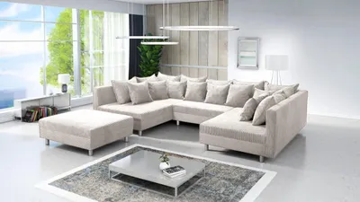 Produktbild von Wohnlandschaft Sofa Couch Ecksofa Eckcouch in Cordstoff beige Minsk XXL + Hocker