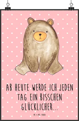 Produktbild von Mr. & Mrs. Panda Bild Bär sitzend DIN A2 - Rot Pastell - Geschenk, kunstposter, Kunstdruck, wanddeko, Plakat, drucke, Teddy