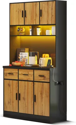 Produktbild von MODFU Vitrinen Hochschrank mit LED-Beleuchtung mit Fernbedienung  für Küchen und Esszimmer, multifunktionales Buffet Schubladen, verstellbaren Einlegeböden, Kabelführungslöchern und Steckdosen, Schwarzer Schrank + naturfarbene Türen
