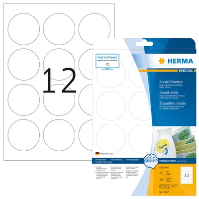 Image de HERMA Special - Papier - mat - adhésif, facile à retirer - blanc - 60 mm rond 300 étiquette(s) (25 planches x 12) d'étiquettes