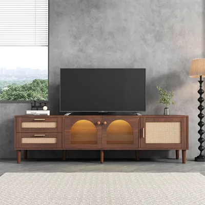 Produktbild von okwish Braun TV-Schrank mit 2 Rattan-Schubladen und LED, Multifunktional Lowboard mit 2 gewölbten Glastüren,für 80-Zoll-Fernseher