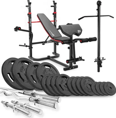 Obrázok produktu pre Posilňovacia lavica Hop-Sport HS-1065 + veža na sťahovanie latiek a stôl na krútenie - vrátane sady závaží 106 KG: činka, tyč na krútenie a činky, závažia/váhové dosky