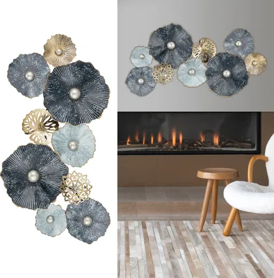 Produktbild von Wanddeko aus Metall Wandbild Wandskupltur Blüten Blumen blau/silber/gold B53xH90cm