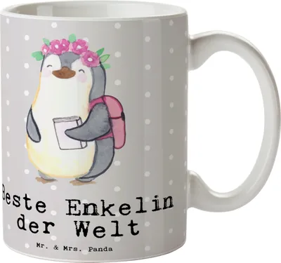 Produktbild von Mr. & Mrs. Panda Tasse Pinguin Beste Enkelin der Welt - Grau Pastell - Geschenk, Keramiktasse, Becher, haferl, Taufe, Oma, Opa, Kaffeebecher, Enkeltochter, Geschenkidee