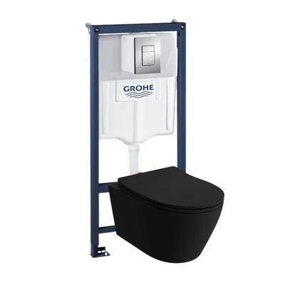Produktbild von LAVITA Wand Hänge WC Praia Schwarz Spülrandlos + WC-Sitz SoftClose | Matt Verchromter Knopf | Komplettset | Unterputz Spülkasten | Toilette Komplett Sett |