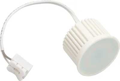 A white LED module with a white cable and connector, isolated on a white background.