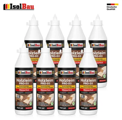 Isolbau Holzleim D3 Holzkleber Weißleim 8 x 750 ml (860 g) Wasserfest Leim Kleber