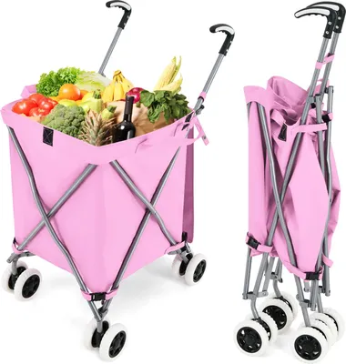 Produktbild von GOPLUS Klappbarer Einkaufswagen mit Rädern, Leichter Einkaufstrolley mit Zwei Lenkrollen, Abnehmbare wasserdichte Oxford-Tasche, Rosa
