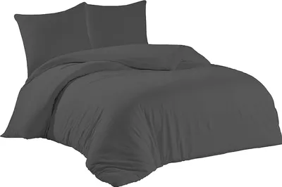 A dark gray duvet cover and two pillowcases are neatly arranged on a white background.
