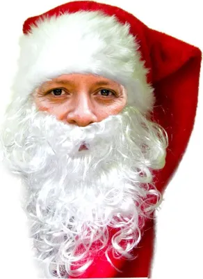 A close-up of a person wearing a Santa Claus hat and beard.