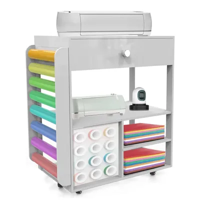 Image de Support d'imprimante avec roulettes, table d'imprimante 3 niveaux Armoire de rangement pour bricolage, étagère à outils, chariot Chariot de rangement Blanc