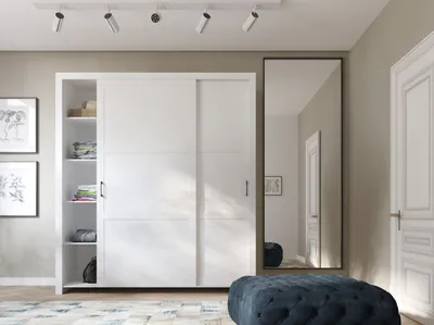 Produktbild von Kleiderschrank 185 cm mit Schiebetüren HAYWARD - weiß / schwarze Griffe