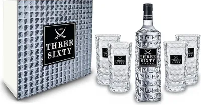 Produktbild von Three Sixty Set / Geschenkset - Three Sixty Vodka 1L (37,5% Vol) + 4x Gläser eckig