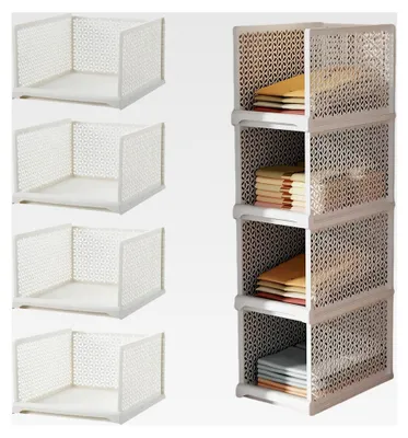 Produktbild von Kleiderschrank Organizer Aufbewahrungsbox – Stapelbare Schubladenboxen aus PP – Faltbare Ordnungssysteme für Schlafzimmer, Bad, Küche und Büro – Weiß 4er Set (Klein Hoch)