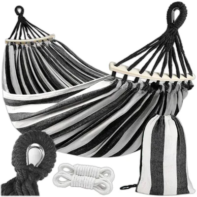 Produktbild von KRUMAD Hängematte 260 cm Belastbar bis 250 kg Wetterfest Baumwoll-Polyester für Garten Balkon Camping mit Holzstreben & Tragetasche