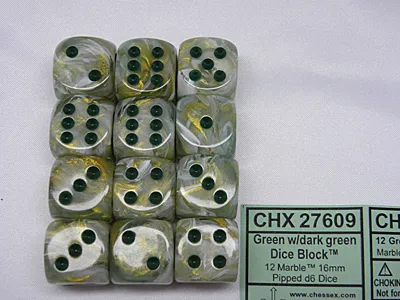 Produktbild von Chessex Marmorgrün/Dunkelgrün D6 16mm Würfelset (12 Stück)