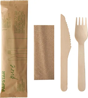 Produktbild von Papstar Holzbesteck-Sets "pure" natur : Messer, Gabel, Serviette in Papierbeutel, 50 Stück