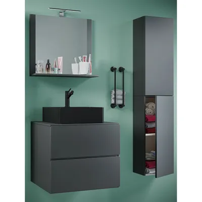 Produktbild von VCM 4-tlg. Waschplatz Waschtisch | schwarzes Waschbecken Unterschrank Breite 60 cm |  Badmöbel Set mit Schubladen Drehtüren Spiegel | Lendas S BL