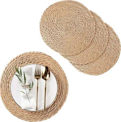 Produktbild von 4 Stück natürliches gewebtes Tischset aus Wasserkürbis, rund, Rattan, gewebt, Tischset, Wasserkürbis, rund, gewebtes Kissen, grün