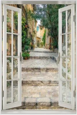 Produktbild von Wallario Wandbild mit Fenster-Illusion: Alte steinerne Gasse in Südfrankreich, Größe: 61 x 91,5 cm, Poster mit weißem Aluminiumrahmen
