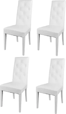 Four white dining chairs arranged in a 2x2 grid.