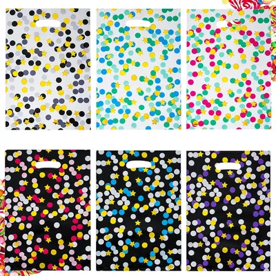 Produktbild von 60 bunte Plastikgeschenktüten mit Punkten, kleine Henkeltüten für Geburtstage, Weihnachten und Süßigkeiten für Kinder