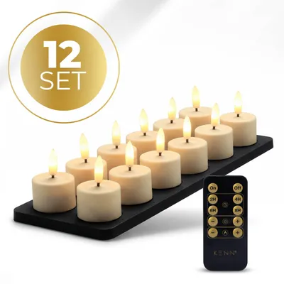 Produktbild von KENN® GlowPro™ Wiederaufladbare LED-Teelichter – 12er-Set – Elfenbein – Bis zu 350 Stunden Leuchtdauer – Mit Fernbedienung – Magnetische Ladestation