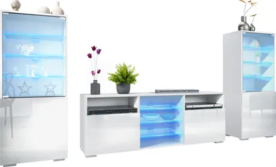 Produktbild von Vladon Wohnwand Granada, Anbauwand bestehend aus 2 Vitrinen und 1 TV-Board, Weiß matt/Weiß Hochglanz inkl. LED-Beleuchtung (286 x 122,5 x 35 cm)
