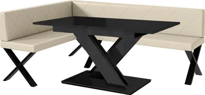Produktbild von MEBLINI Eckbank für Esszimmer mit ausziehbarem Tisch  - Küchenbank - Essecke - Sitzecke Küche - ERIC - X-Beine 142x196x87cm Links - Creme Kunstleder/B Schwarz Hochgl.