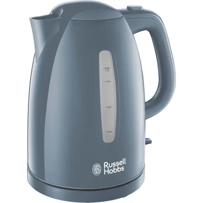 A gray Russell Hobbs electric kettle is shown against a white background.