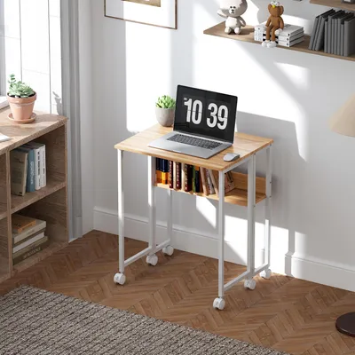 Produktbild von SUGIFT Beistelltisch MDF, Klapptisch klappbarer Schreibtisch mit Regal & Rollen, Naturholz | 6 Lenkrollen | auf 21 cm faltbar | 63 x 50 x 75 cm