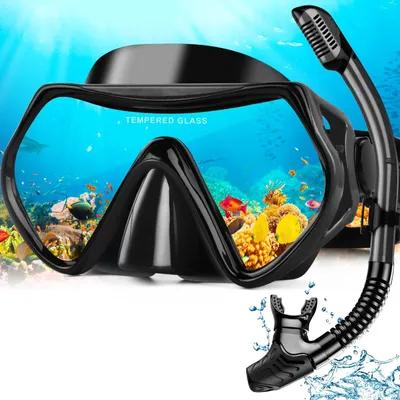 Immagine prodotto di Kit per snorkeling per adulti, con maschera panoramica a 180° - Maschera da snorkeling con valvola di sfiato a secco - Vetro temperato resistente alle perdite - Tubo di snorkeling regolabile - Design anti-appannamento - Perfetto per principianti ed esperti