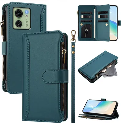 Immagine prodotto di Custodia per Motorola Moto Edge 40/Edge 2023, con cerniera, portafoglio Custodia flip in Finto cuoio con tasche per carte, supporto e passante per la mano verde