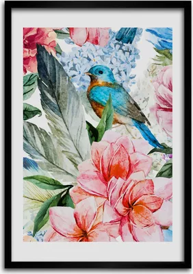 Produktbild von Bild - Bilderrahmen - 50 cm x 70 cm - MDF - Rahmen - Wandkunst Blumen und Vögel