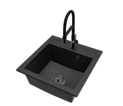 Produktbild von Granit Küchenspüle Schwarz mit VENICE Armatur Schwarz und schwarzem Siphon